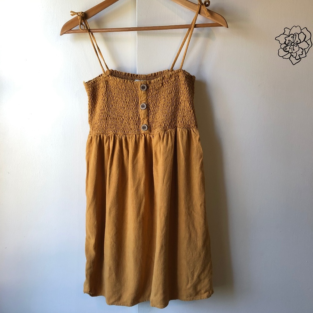 Paper Crane Mustard Yellow Tie Dress Runched Button Size Womens Medium